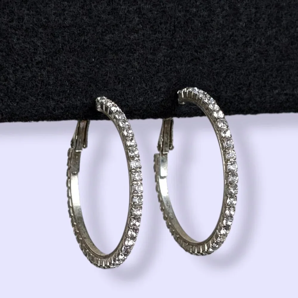 White Rhinestone Hoop Earrings - Picture 1 of 5